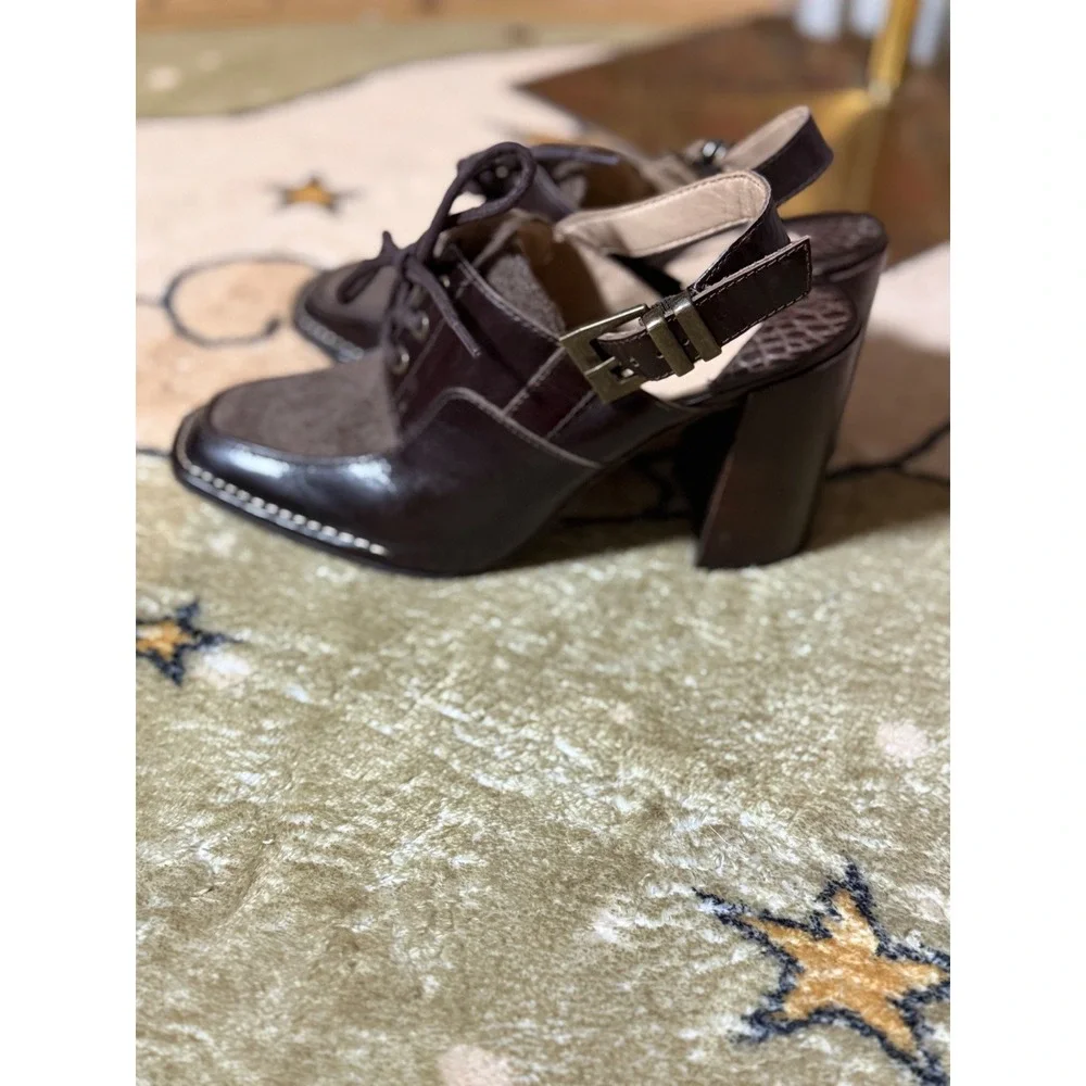Antonio Melani Brown Leather Suede Square Toe Lace Up Block Heel Slingback - Picture 2 of 6